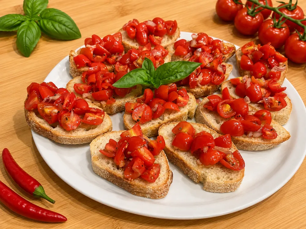 Bruschetta al pomodoro – geröstetes Brot mit marinierten Cherry-Tomaten und Basilikum