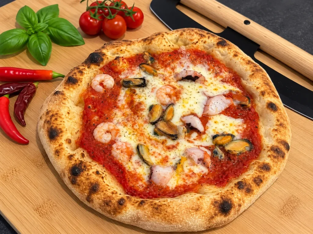 Neapolitanische Pizza Frutti di Mare aus dem Steinofen – Pizza-Catering Pizza di Angelo